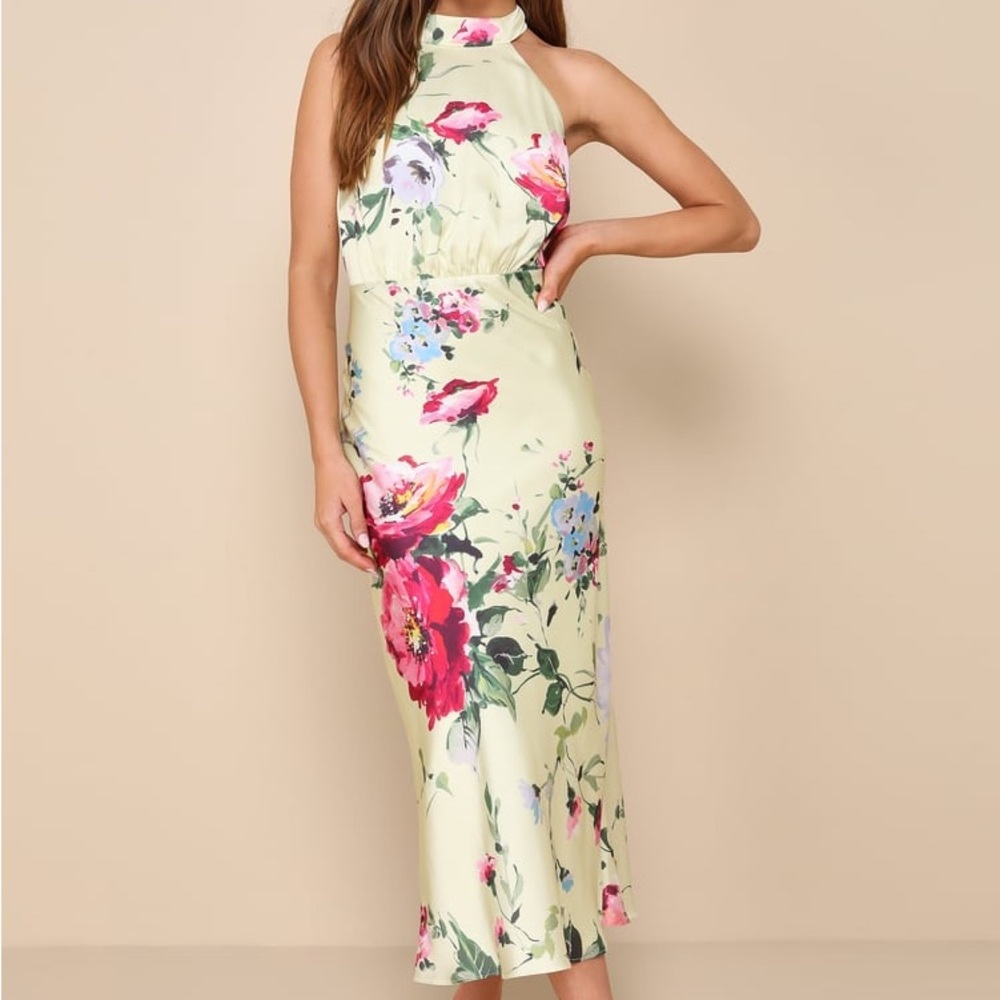 Luminous Delight Light Yellow Floral Satin Halter Midi Dress